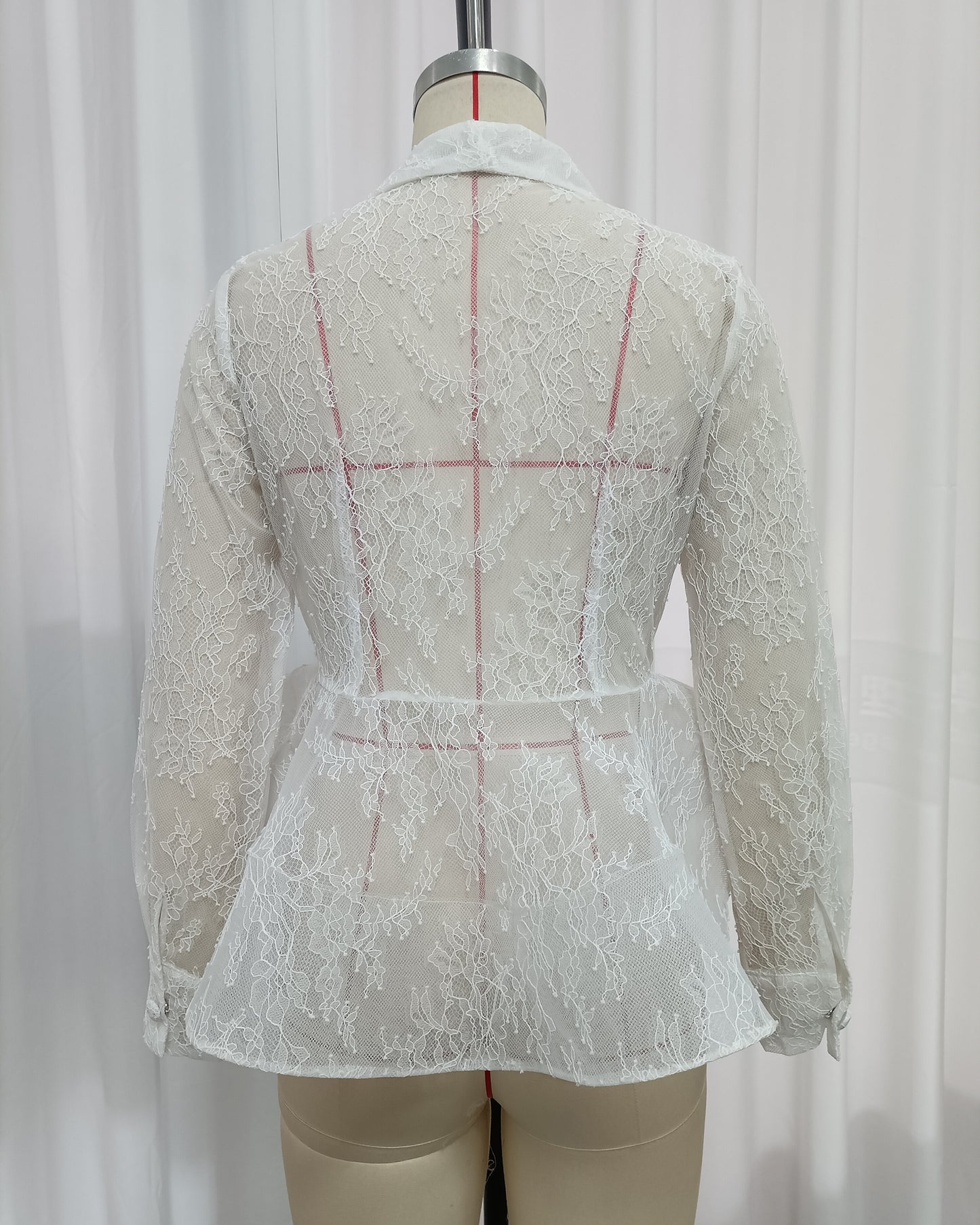 White Floral Lace Lapel Peplum Long Sleeve Blouse