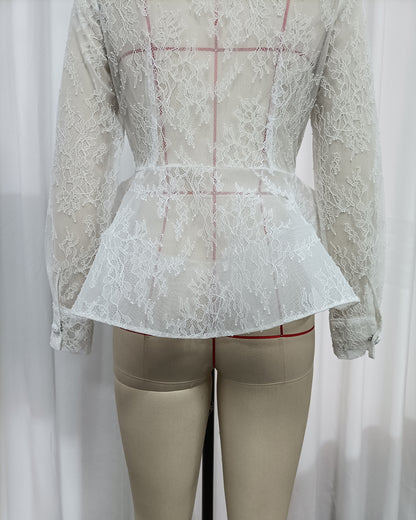 White Floral Lace Lapel Peplum Long Sleeve Blouse