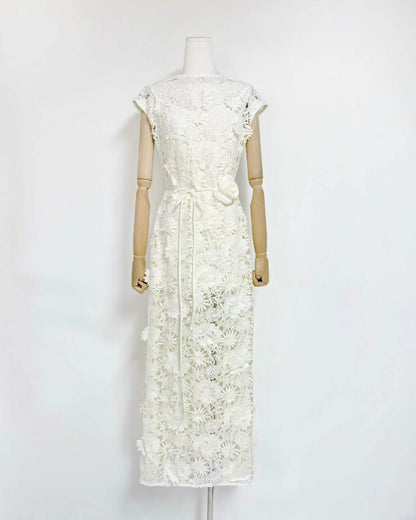 White Floral Lace Midi Dress