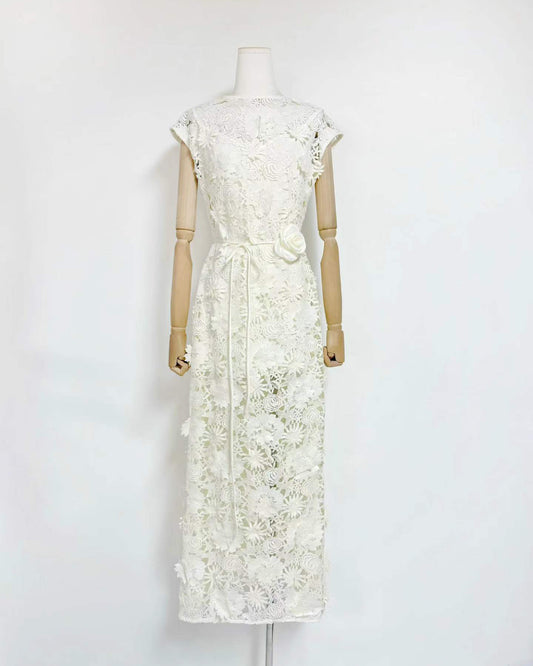 White Floral Lace Midi Dress