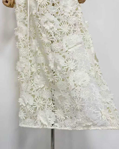 White Floral Lace Midi Dress