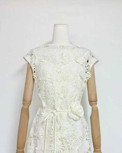 White Floral Lace Midi Dress