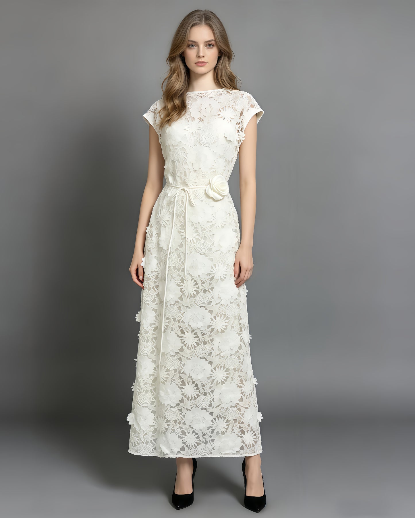 White Floral Lace Midi Dress