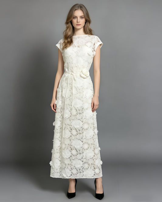 White Floral Lace Midi Dress