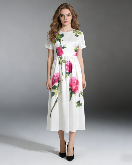 White Floral Print Midi Dress