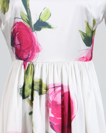 White Floral Print Midi Dress