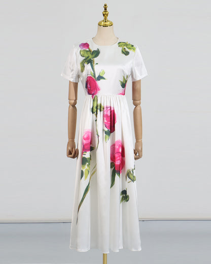 White Floral Print Midi Dress