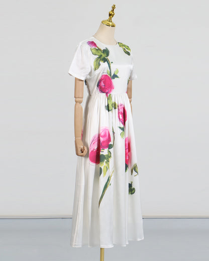 White Floral Print Midi Dress