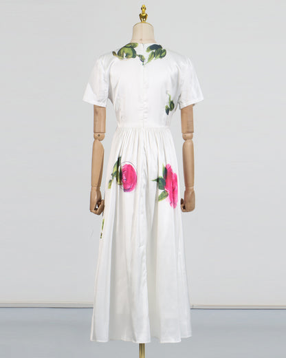 White Floral Print Midi Dress