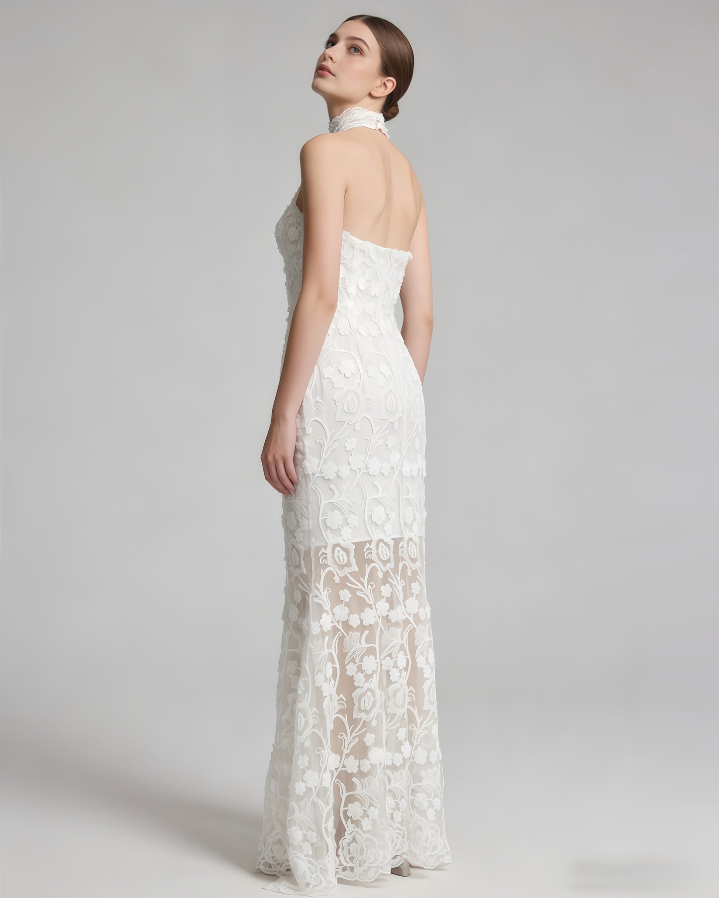 White Halter 3D Floral Lace Mermaid Dress