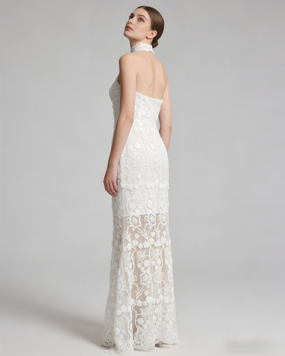 White Halter 3D Floral Lace Mermaid Dress