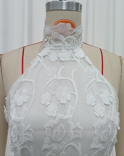White Halter 3D Floral Lace Mermaid Dress