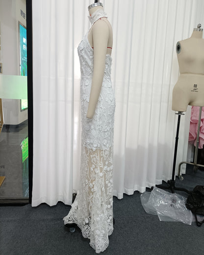 White Halter 3D Floral Lace Mermaid Dress