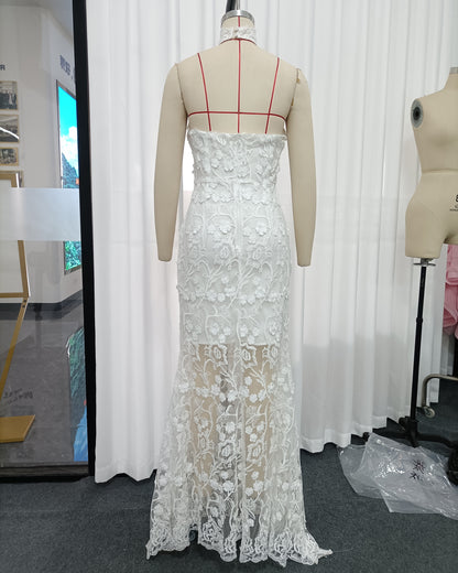White Halter 3D Floral Lace Mermaid Dress