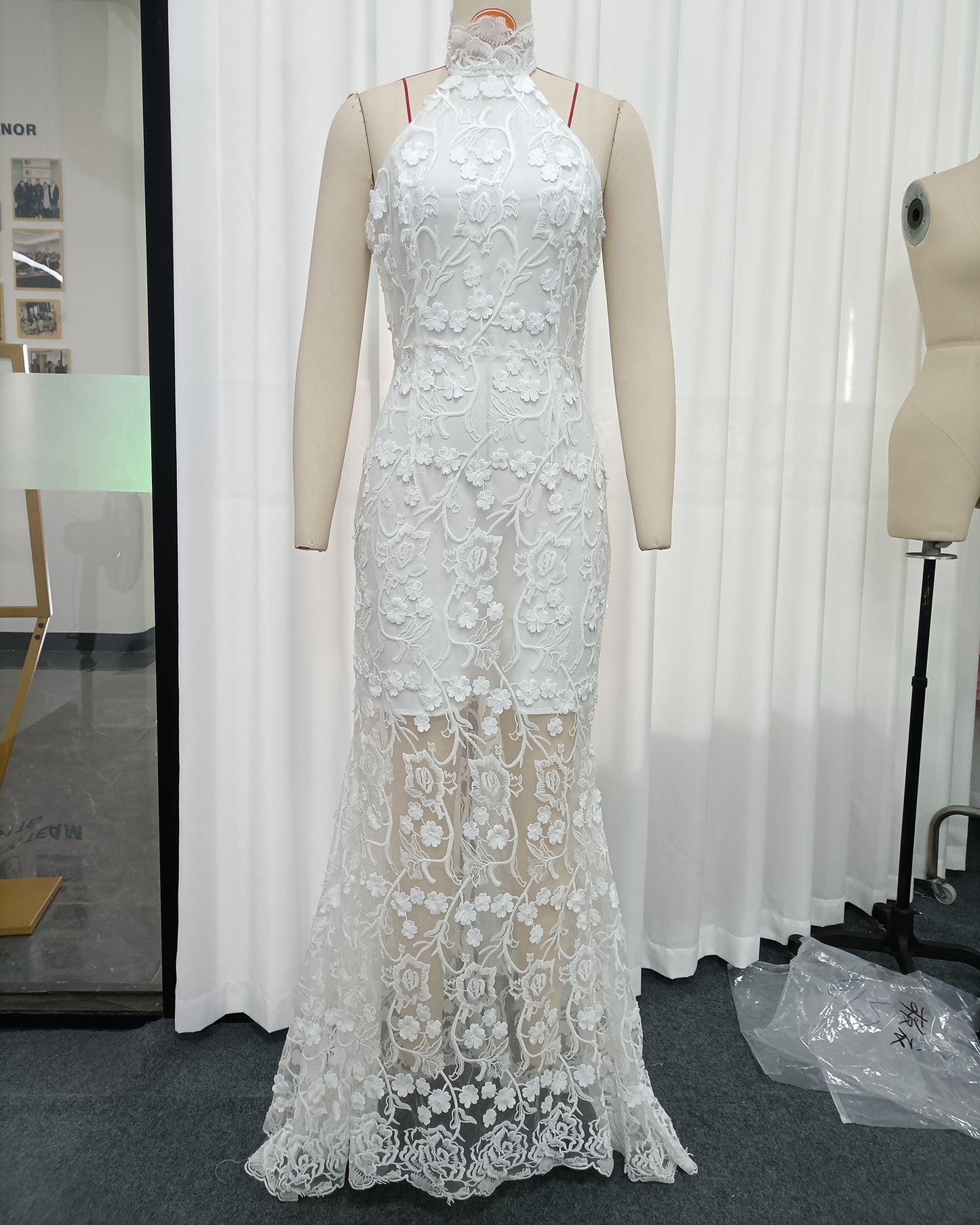 White Halter 3D Floral Lace Mermaid Dress