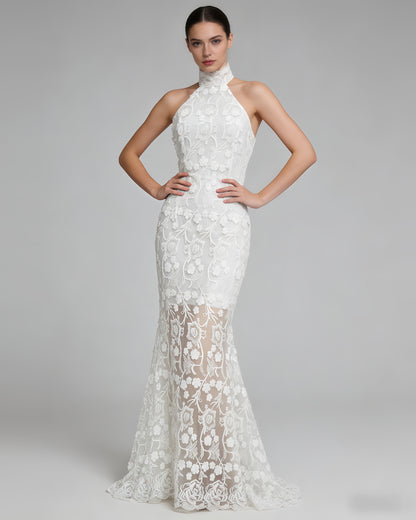 White Halter 3D Floral Lace Mermaid Dress