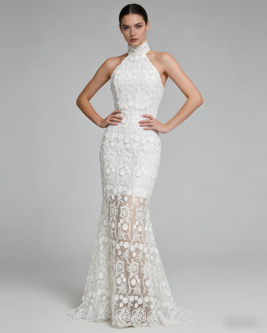 White Halter 3D Floral Lace Mermaid Dress