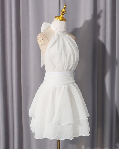 White Halter Bow Mini Dress
