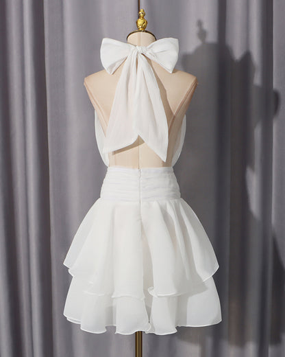 White Halter Bow Mini Dress