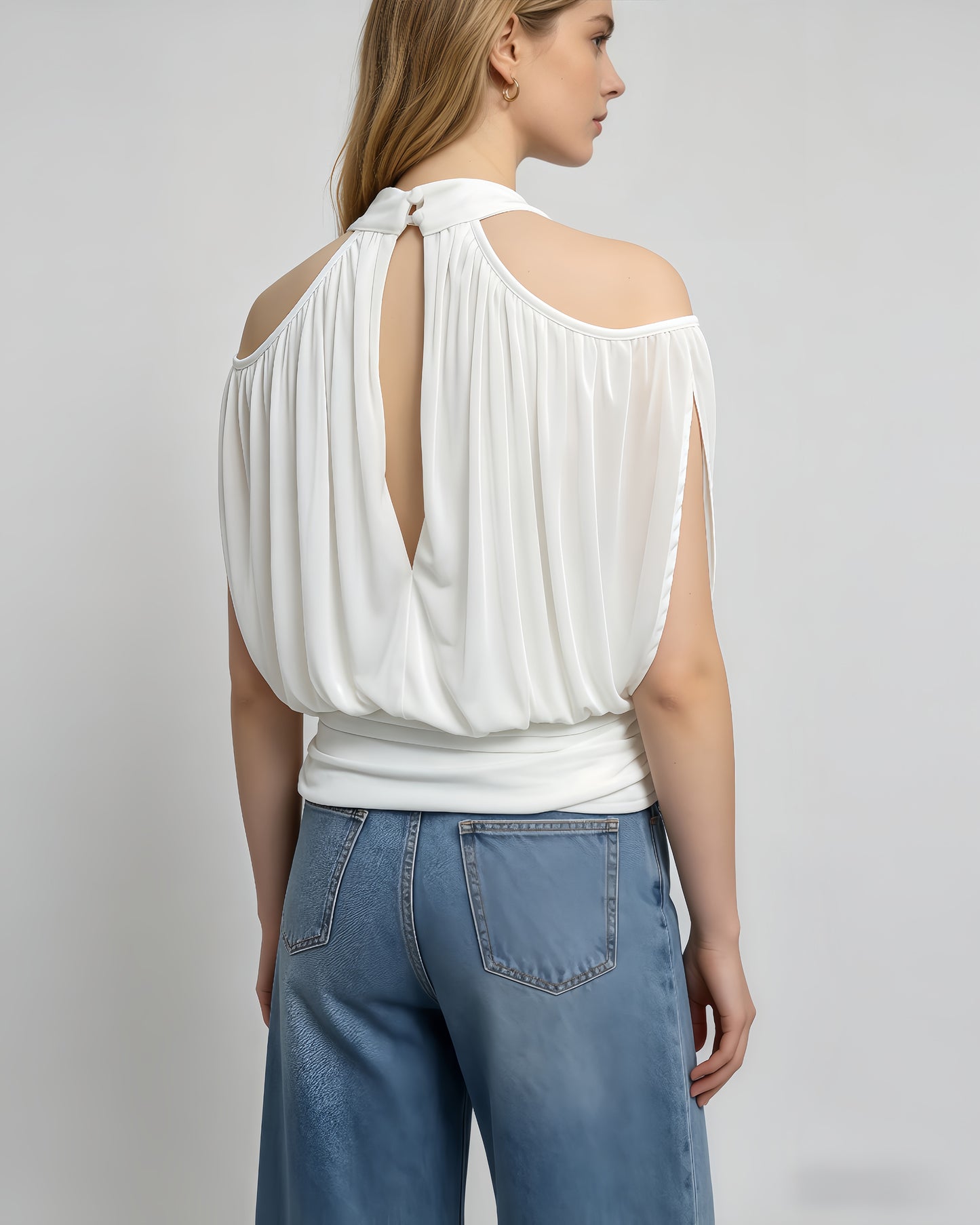 White Halter Cold-Shoulder Wrap Crop Top