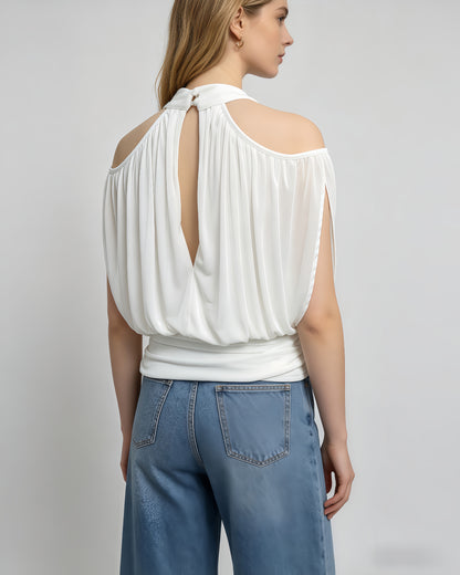 White Halter Cold-Shoulder Wrap Crop Top