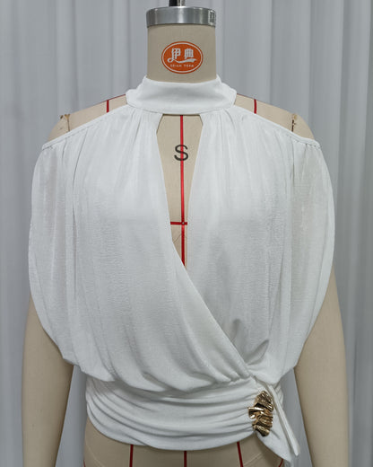 White Halter Cold-Shoulder Wrap Crop Top