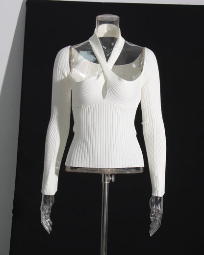 White Halter Cutout Ribbed Top