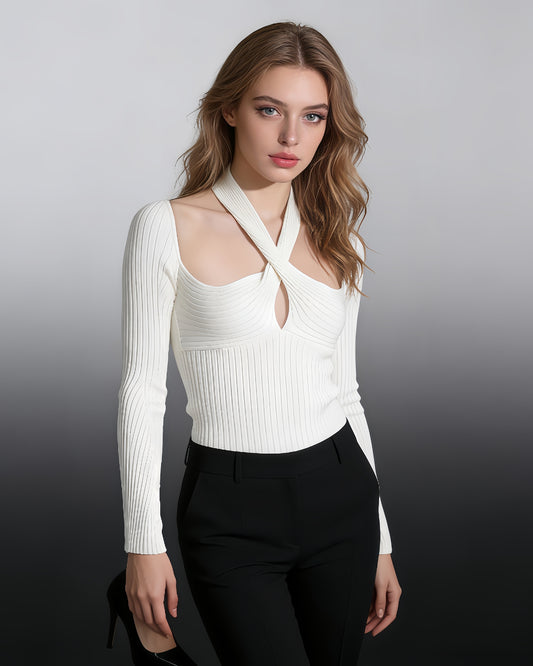 White Halter Cutout Ribbed Top