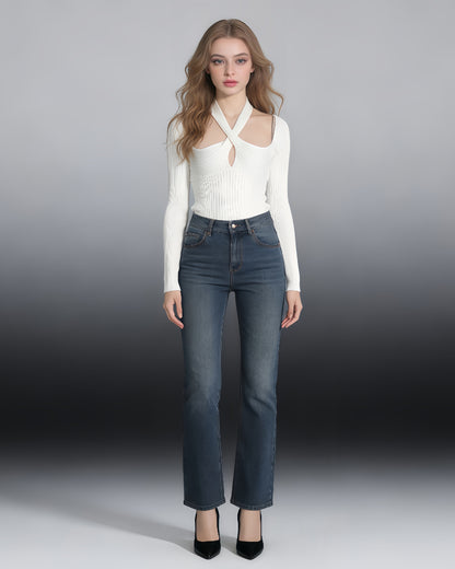 White Halter Cutout Ribbed Top