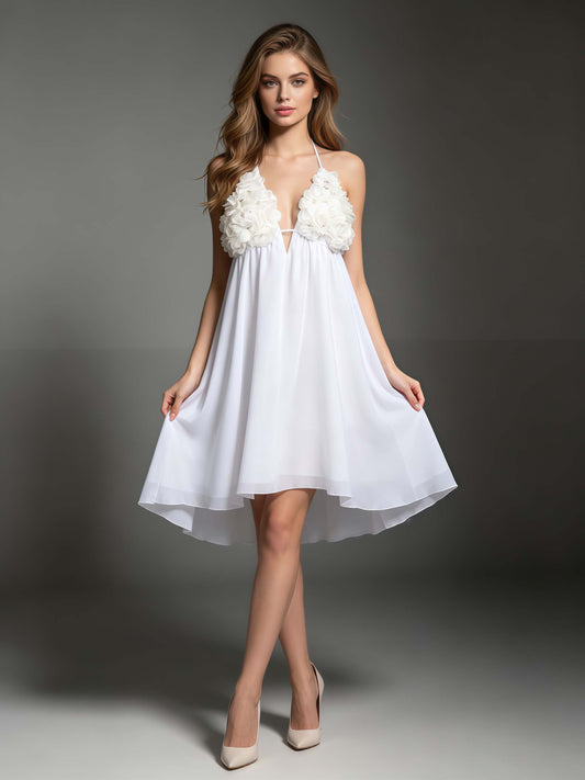 White Halter Deep V-Neck 3D Flower Mini Dress