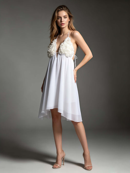 White Halter Deep V-Neck 3D Flower Mini Dress