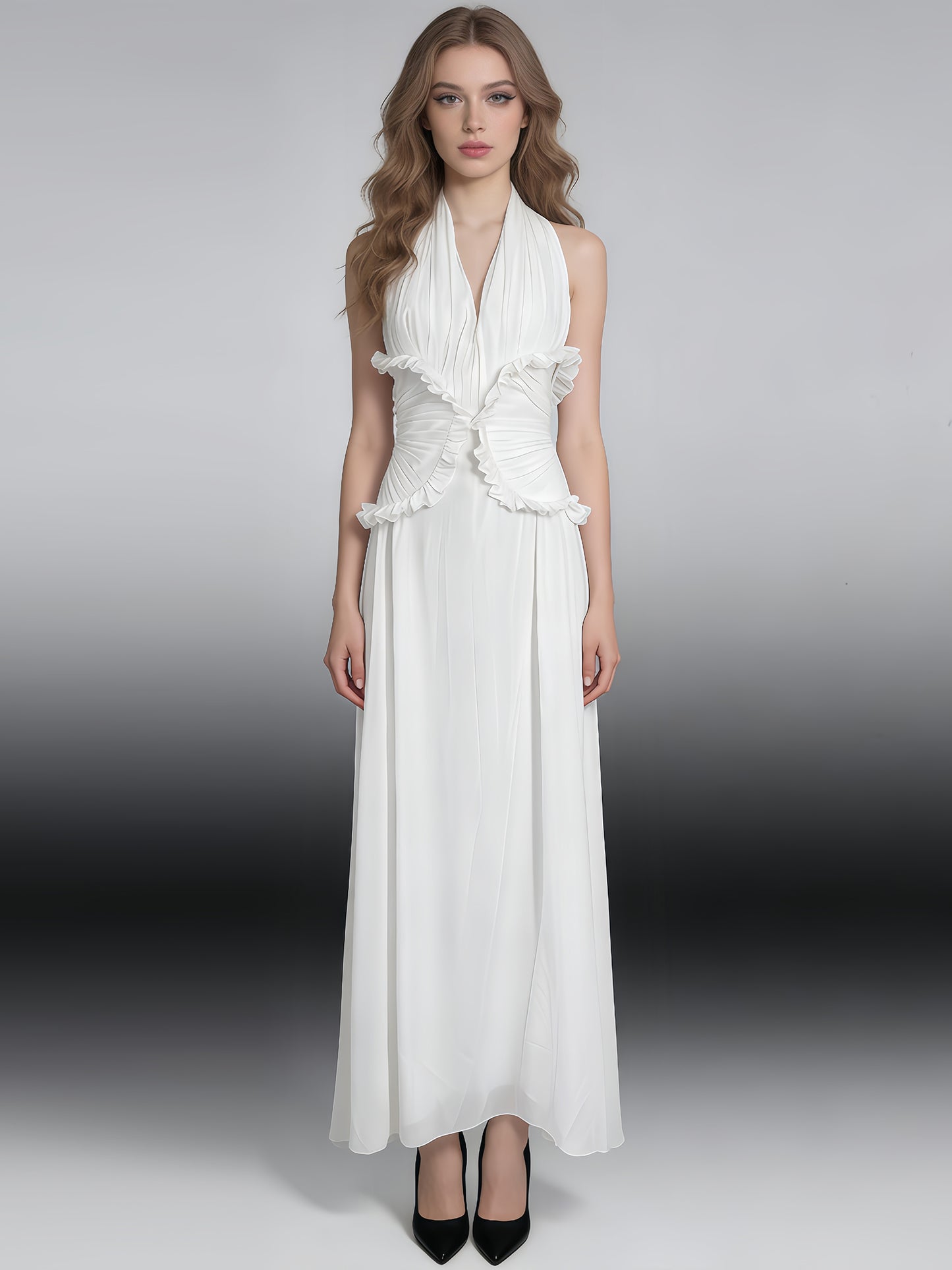 White Halter Gown with Ruffle Accents & Ruched Waist