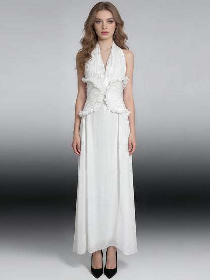 White Halter Gown with Ruffle Accents & Ruched Waist