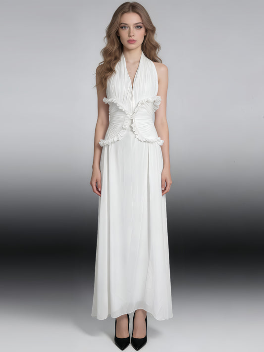 White Halter Gown with Ruffle Accents & Ruched Waist