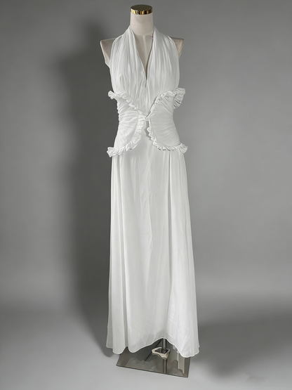White Halter Gown with Ruffle Accents & Ruched Waist