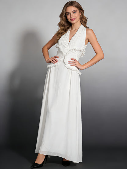 White Halter Gown with Ruffle Accents & Ruched Waist