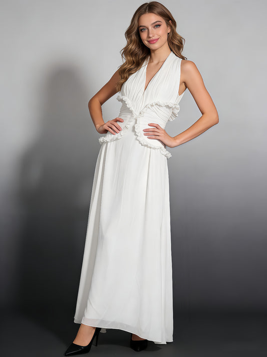 White Halter Gown with Ruffle Accents & Ruched Waist