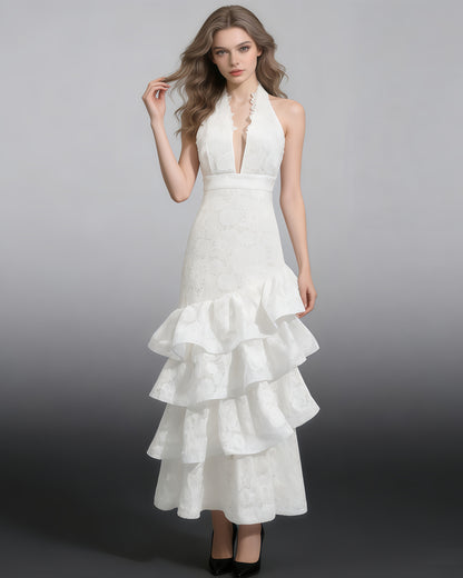 White Halter Lace Tiered Midi Dress