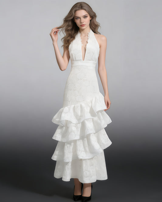 White Halter Lace Tiered Midi Dress