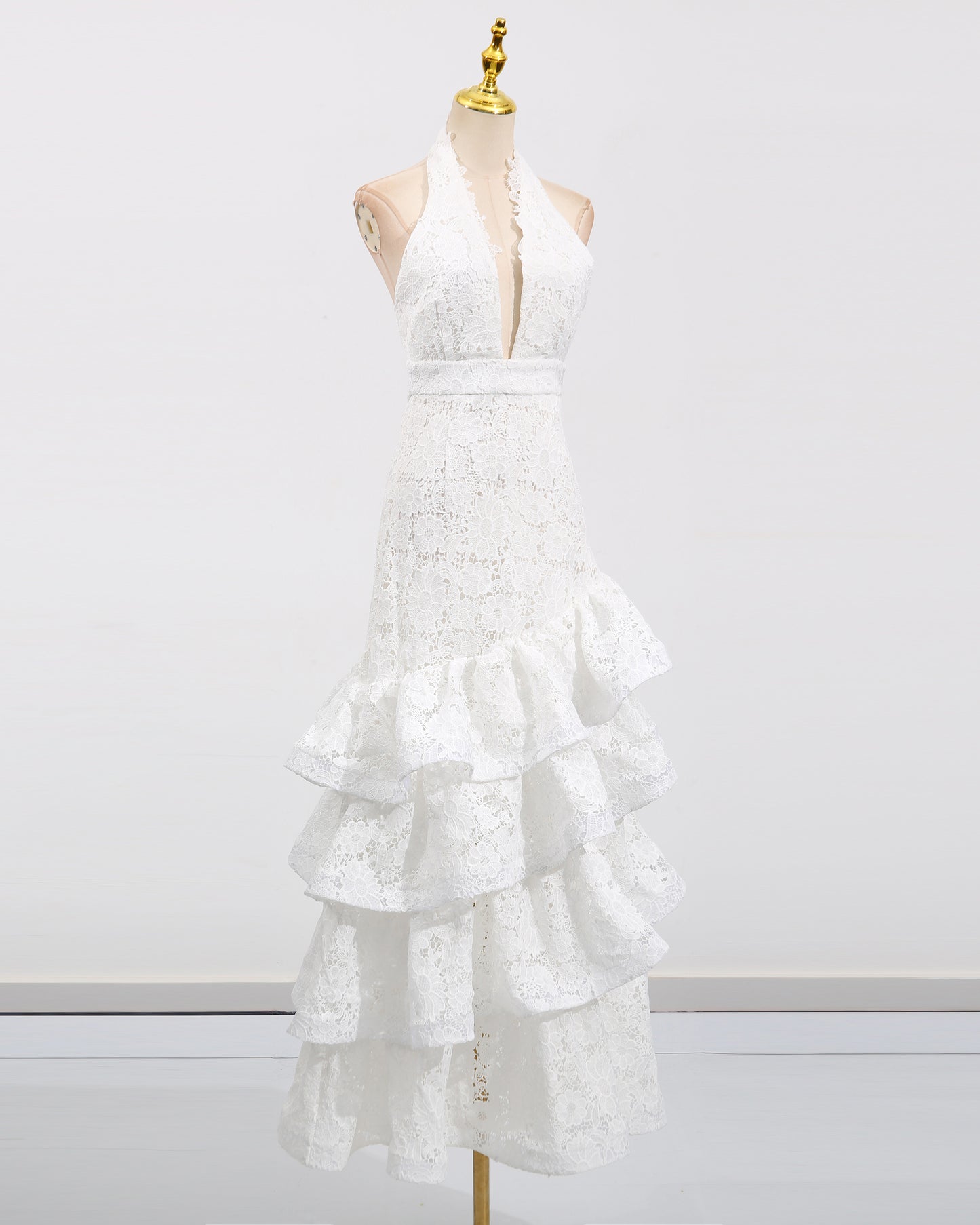 White Halter Lace Tiered Midi Dress
