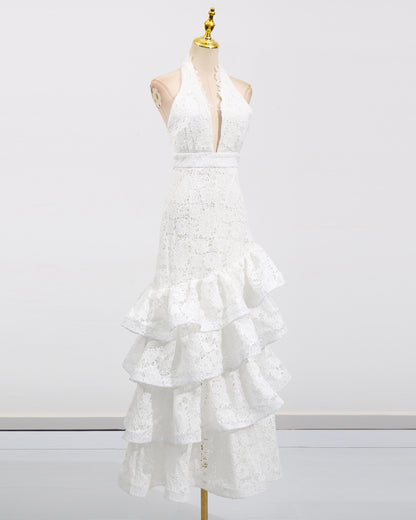 White Halter Lace Tiered Midi Dress