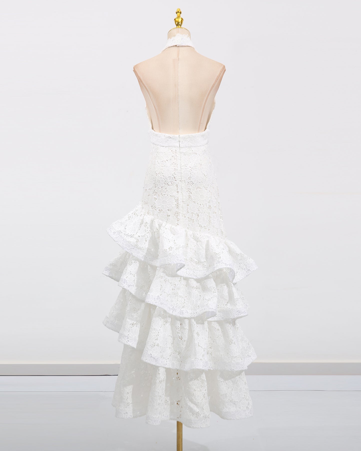 White Halter Lace Tiered Midi Dress