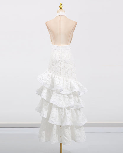 White Halter Lace Tiered Midi Dress