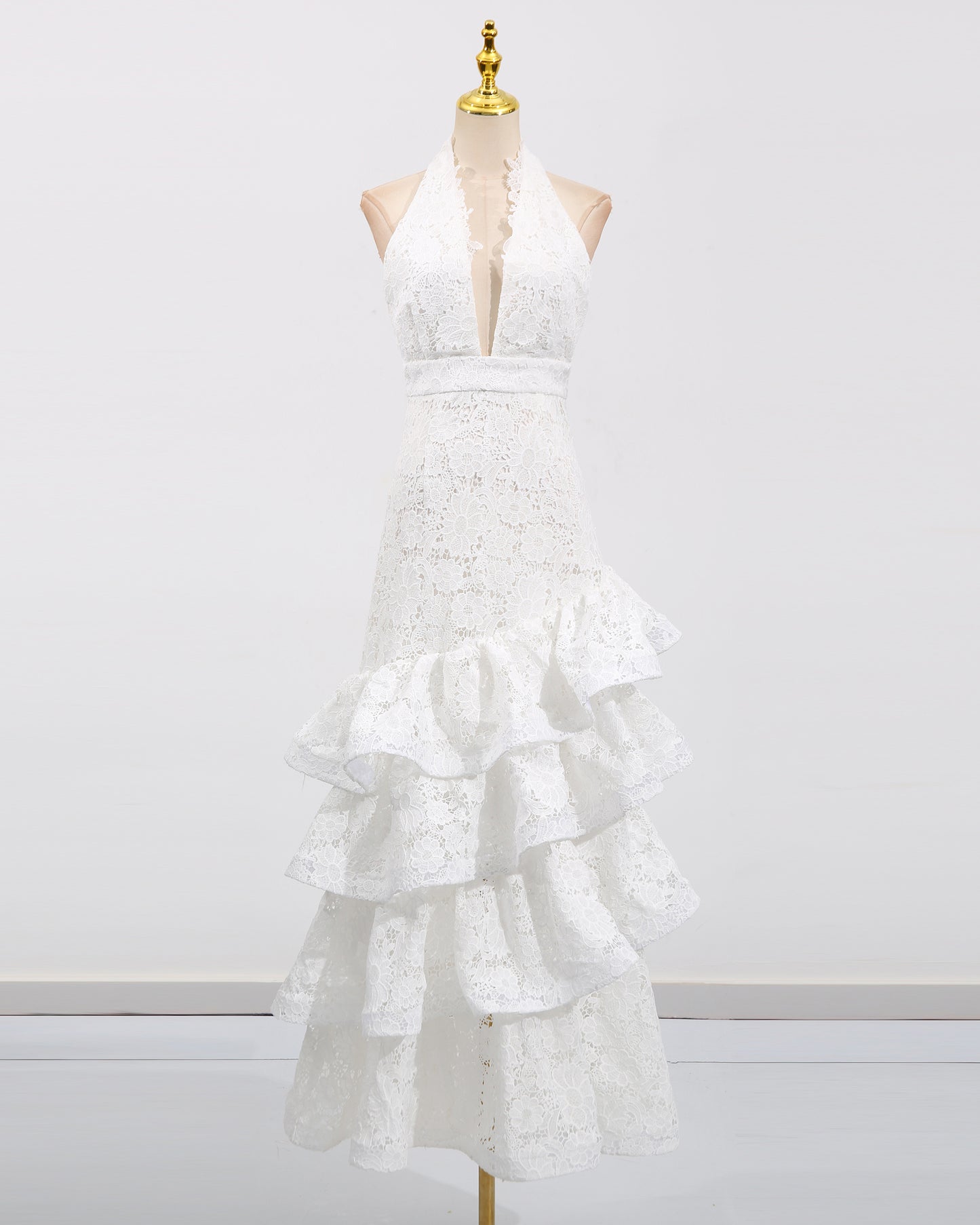 White Halter Lace Tiered Midi Dress