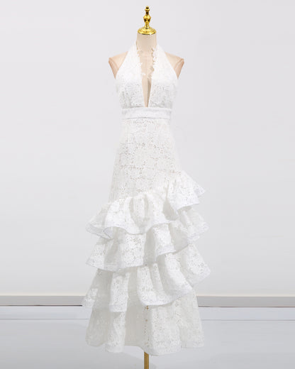 White Halter Lace Tiered Midi Dress