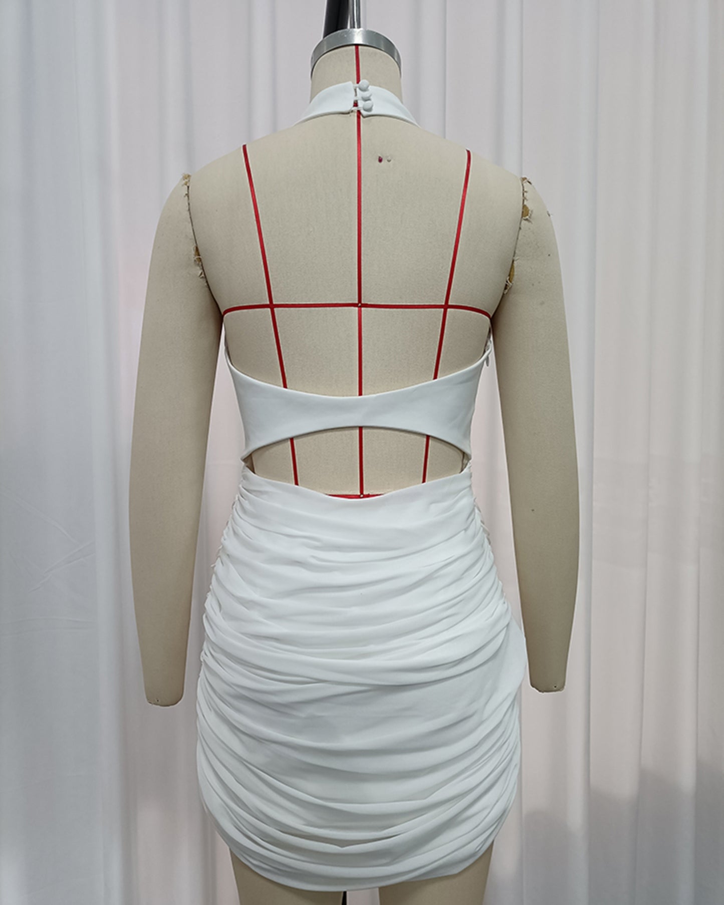 White Halter Neck Ruched Mesh Mini Dress