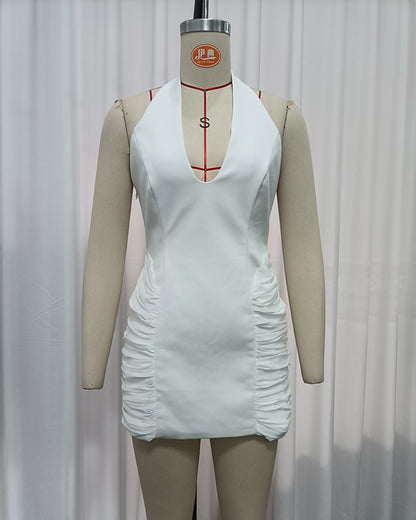 White Halter Neck Ruched Mesh Mini Dress