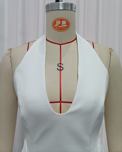 White Halter Neck Ruched Mesh Mini Dress