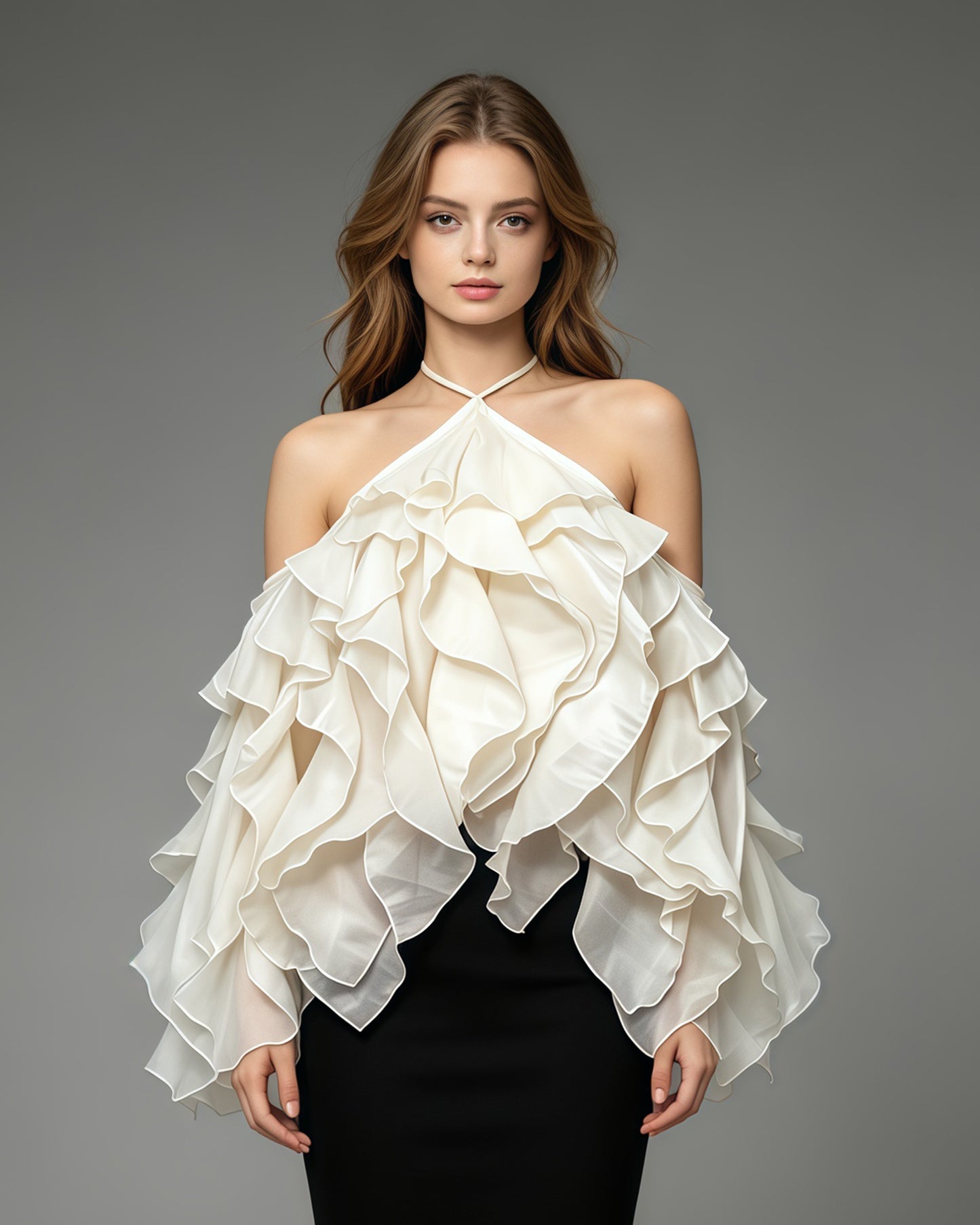 Beige Halter Neck Ruffled Chiffon Blouse
