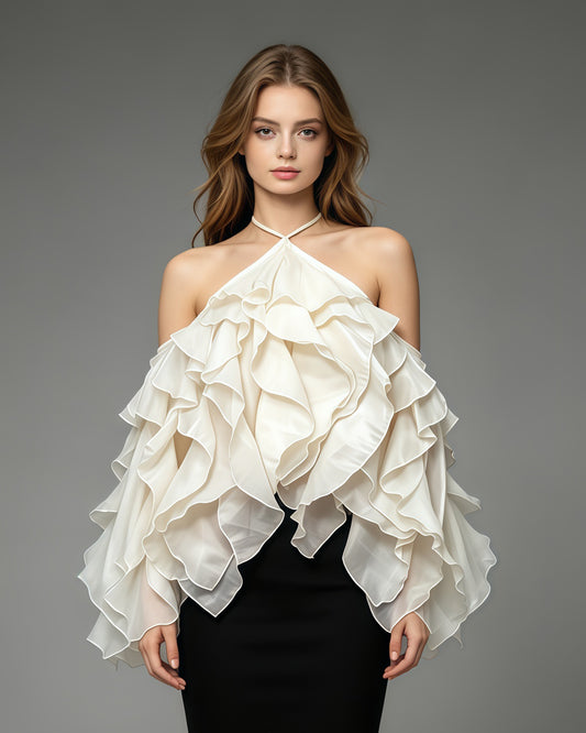 Beige Halter Neck Ruffled Chiffon Blouse
